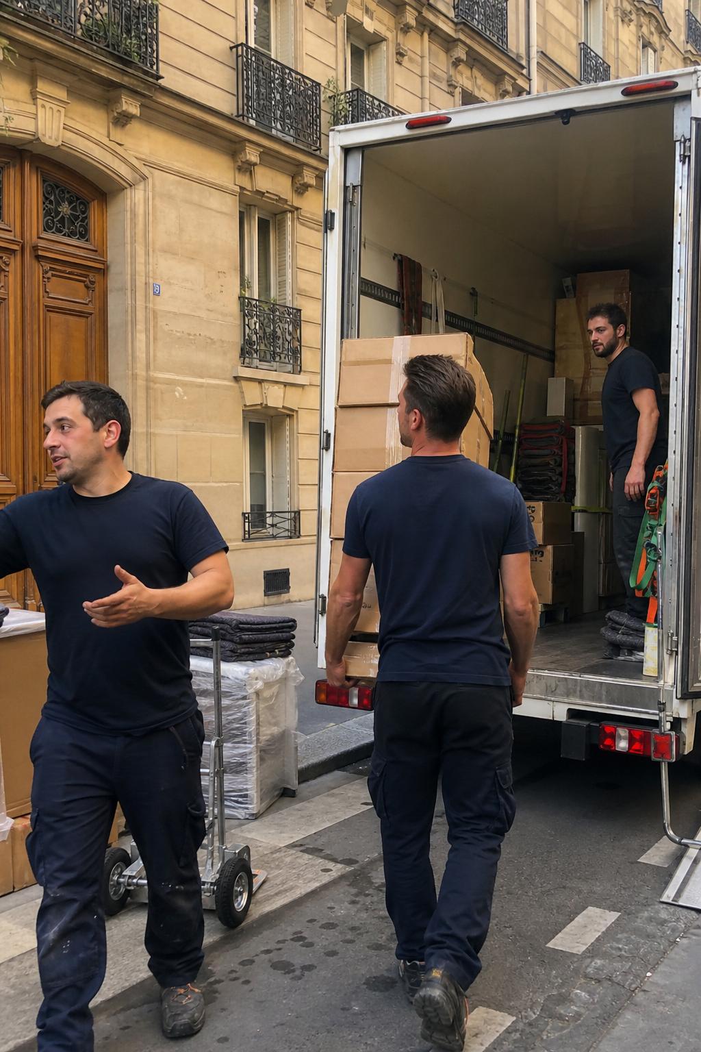 Déménageurs RPL chargeant des cartons dans le camion devant un immeuble haussmannien